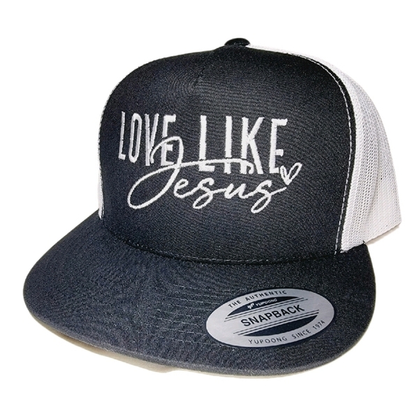 Love Like Jesus Mesh Snapback Embroidered Flat Bill Trucker Hat Cap Black/White - Picture 2 of 4